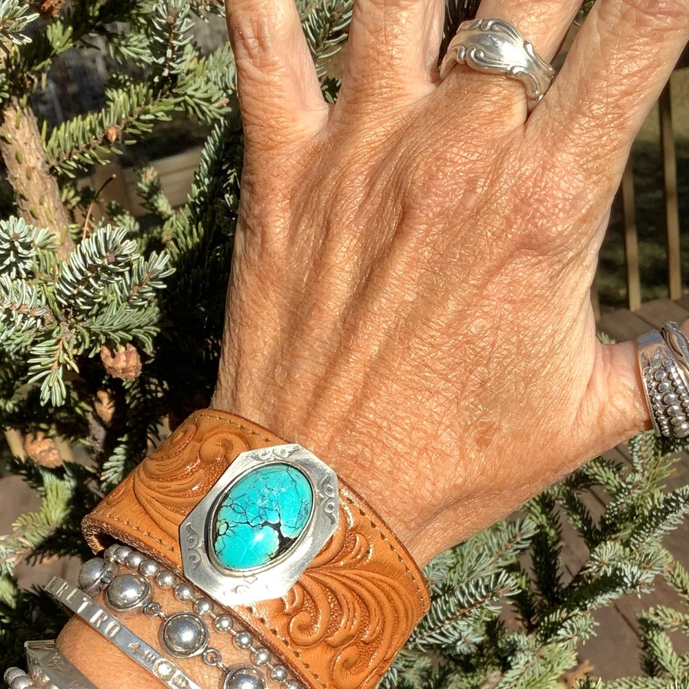 Sterling/turquoise leather cuff,up to 6 3/4” wrist